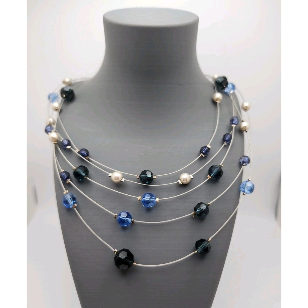 NWT Ann Taylor Multi Strand Beaded Illusion Necklace Blue Crystal Faux Pearl